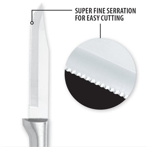 Super fine serration for easy cutting. Close-up showing the toothed edge of the serrated paring knife. 