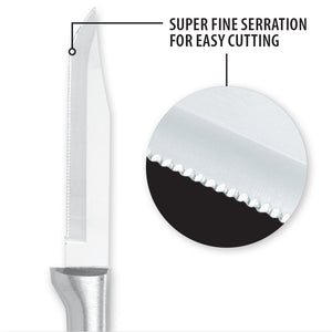 Super fine serration for easy cutting. Close-up showing the toothed edge of the serrated paring knife.