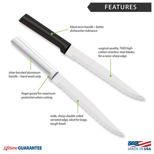 Features diagram for Serrated Slicer with Made in USA and Lifetime Guarantee logos.