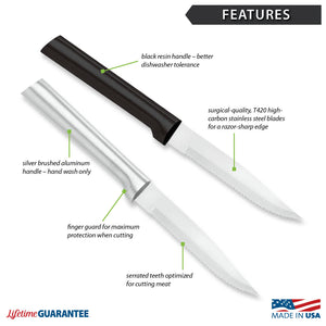 Features diagram for Serrated Steak Knife with Made in USA and Lifetime Guarantee logos.