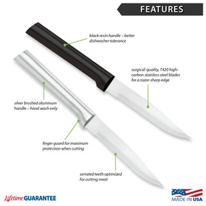 Features diagram for Serrated Steak Knife with Made in USA and Lifetime Guarantee logos. 