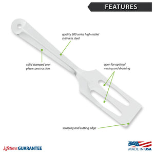 Features diagram for Serverspoon with Made in USA and Lifetime Guarantee logos.