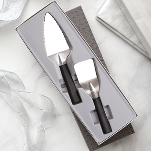 Serving Gift Set with black handles with two utensils in gift box.