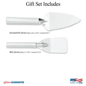 Illustration of utensils in Serving Gift Set and Made in USA and Lifetime Guarantee logos.