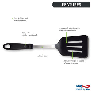 Great features of Rada's Slotted Turner, slots allow juices to escape, won't harm delicate surfaces, and so much more.