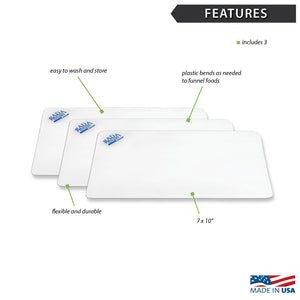 Features diagram of three small plastic cutting boards with Made in USA logo.