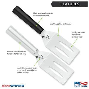 Features diagram for Spatula with Made in USA and Lifetime Guarantee logos.