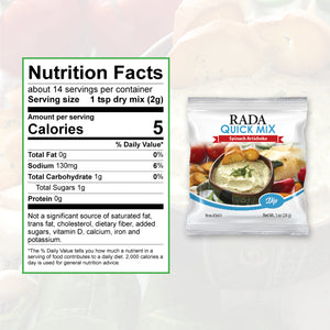 Nutrition Facts: about 16 servings per container. Serving size 1 tsp dry mix. Calories per serving 5, Sodium 130mg