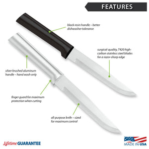 Features diagram for Stubby Butcher Knife with Made in USA and Lifetime Guarantee logos.