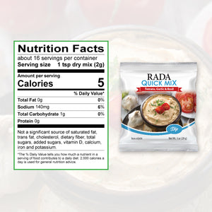 Nutrition Facts: about 16 servings per container. Serving size 1 tsp dry mix. Calories per serving 5, Sodium 140mg 