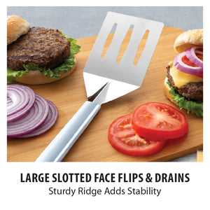 The Rada Cutlery Turnover next to hamburgers. Large slotted face flips and drains. Sturdy ridge adds stability.