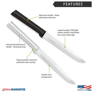 Features diagram for Utility/Steak Knife with Made in USA and Lifetime Guarantee logos.