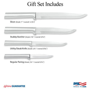 Illustration of knives in Wedding Register Gift Set and Made in USA & Lifetime Guarantee logos.