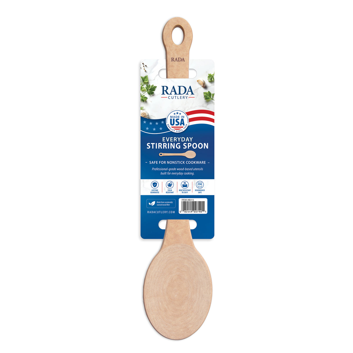 Rada's wooden Everyday Stirring Spoon in its original retail packaging, featuring a light natural wood spoon head and a blue and white paper label.