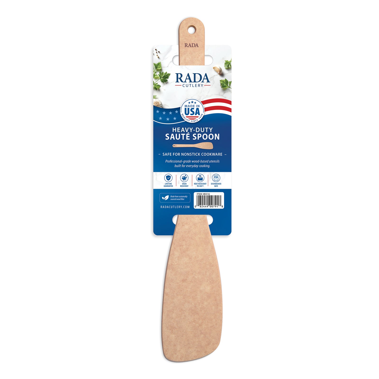 Rada Heavy Duty Sauté Spoon in its original retail packaging, featuring a natural wood spoon handle and a blue and white product label.