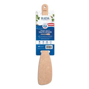 Rada Heavy Duty Sauté Spoon in its original retail packaging, featuring a natural wood spoon handle and a blue and white product label.