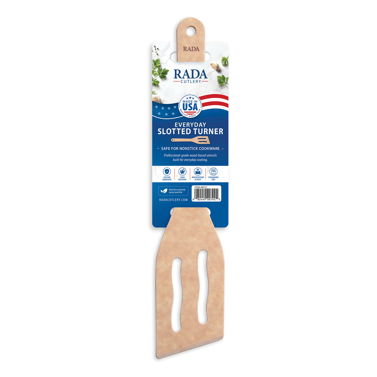 Rada Everyday Slotted Turner wooden spatula on its retail packaging card, shown against a plain white background.