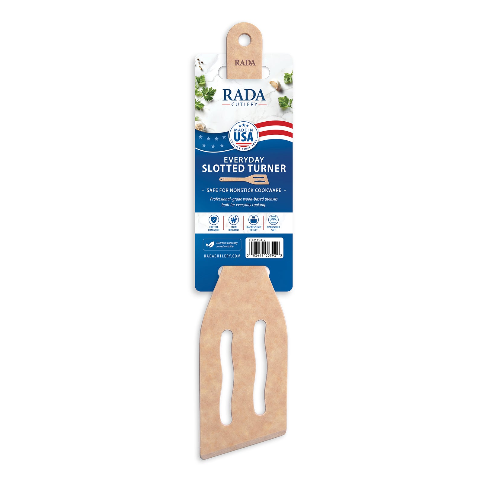 Rada Everyday Slotted Turner wooden spatula on its retail packaging card, shown against a plain white background.