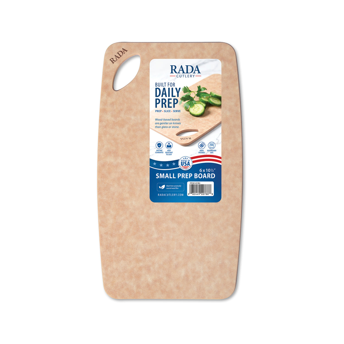 Rada Small Prep Board in a light wood color, shown with its retail packaging label on a plain white background.
