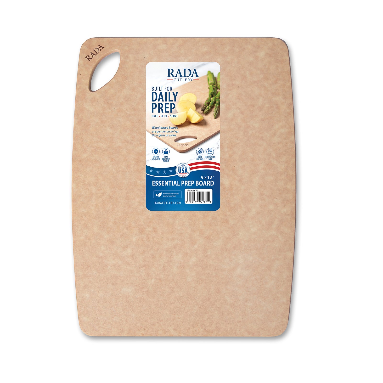 Rada's Essential Prep Cutting Board with a light tan finish, featuring a built-in handle on the top left and a central product label on a white background.