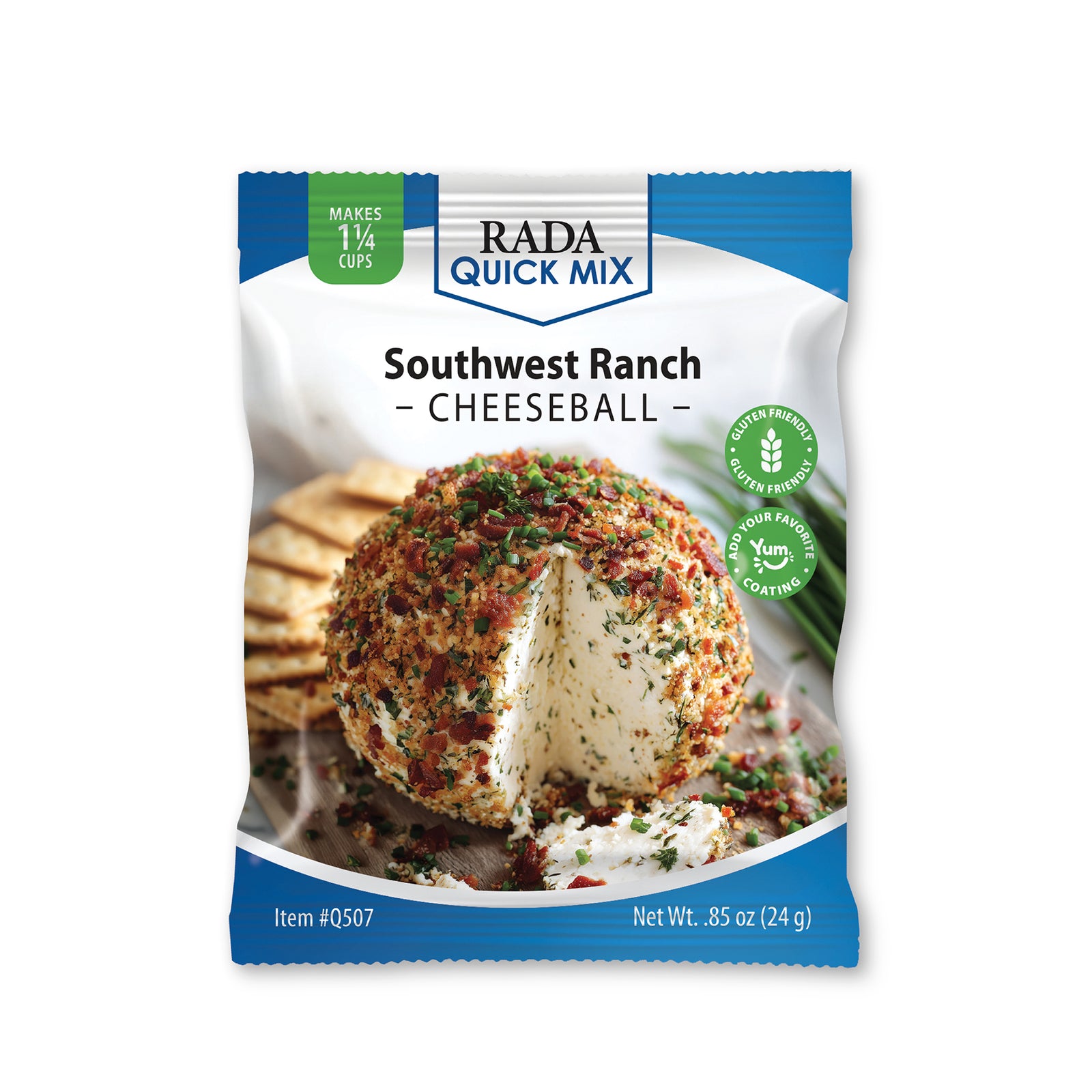A package of Rada Quick Mix Southwest Ranch Cheeseball mix, featuring a white and blue bag with a photo of a cheesy ball topped with herbs and bacon bits, on a plain white background.