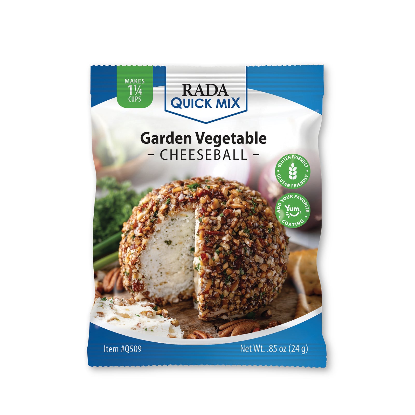 A package of Rada Quick Mix Garden Vegetable Cheeseball, featuring a photo of a baked cheeseball coated in breadcrumbs and herbs on the front, with blue and white packaging.