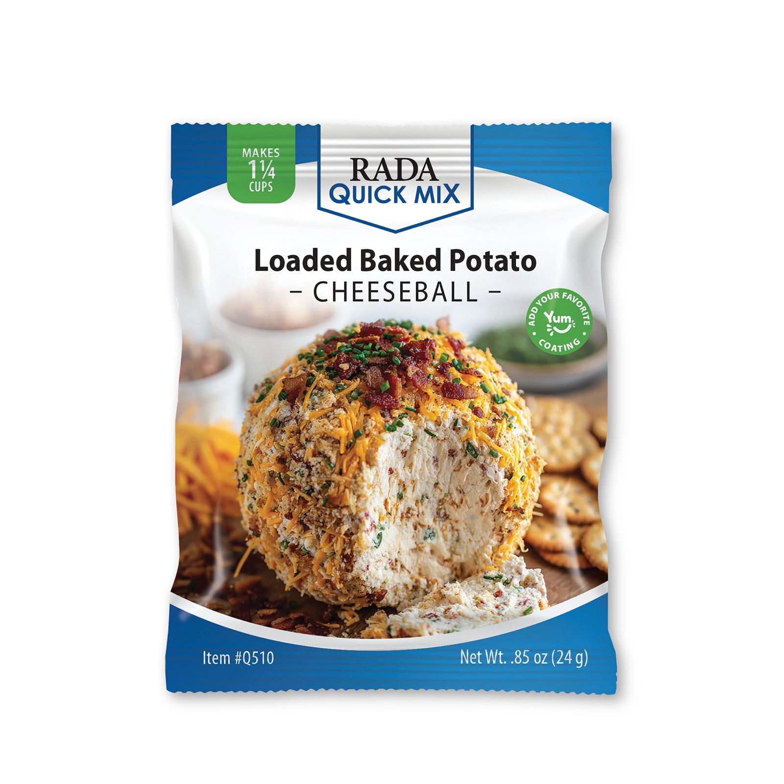 A package of Rada Quick Mix Loaded Baked Potato Cheeseball, featuring a blue and white bag with a photo of a cheesy baked potato ball on the front.