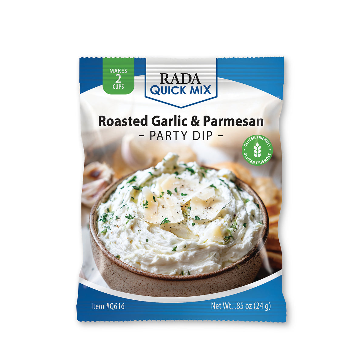Rada Quick Mix Roasted Garlic & Parmesan Party Dip packet featuring prepared creamy dip in a bowl on the front.