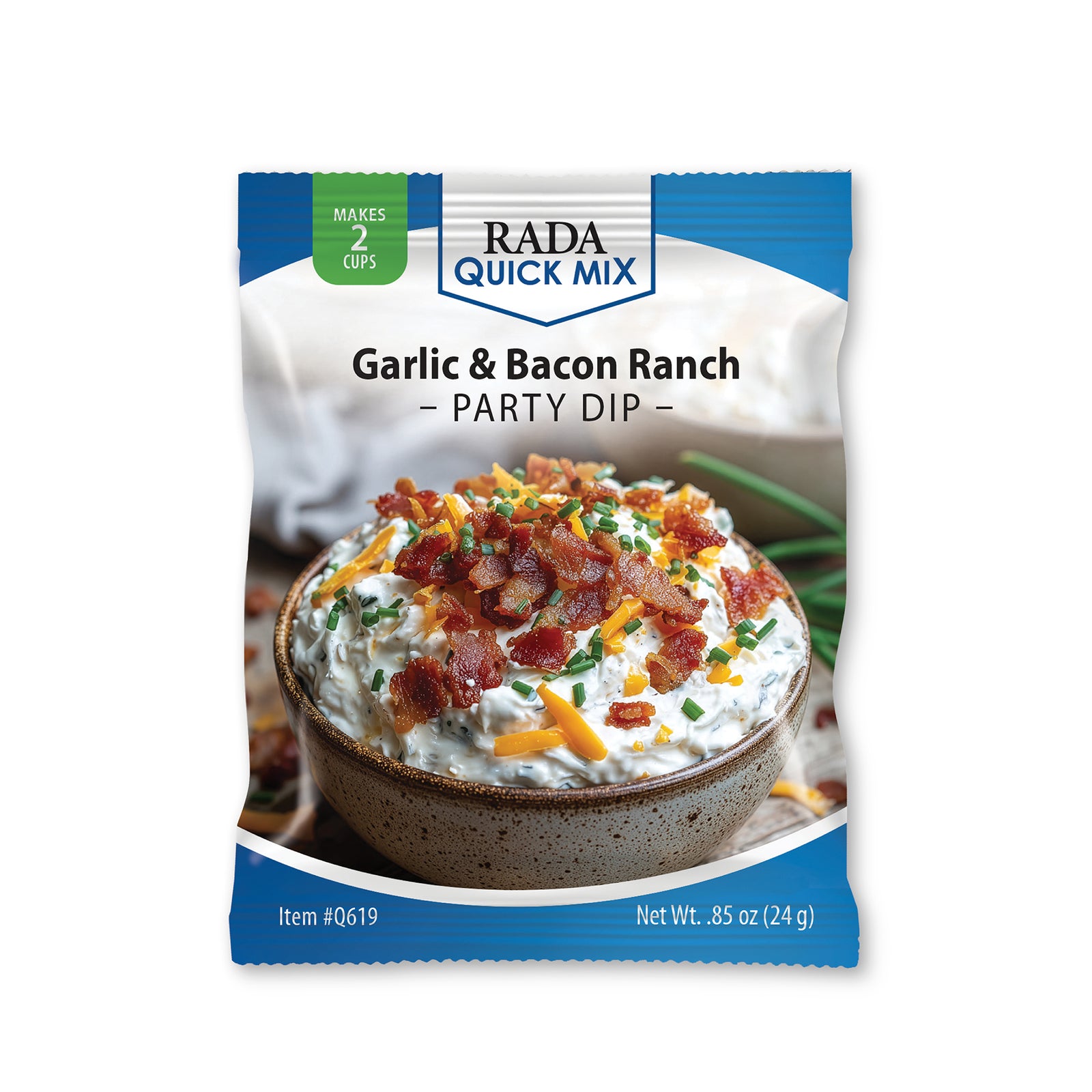 Rada Quick Mix Garlic & Bacon Ranch Party Dip packaging featuring a bowl of creamy ranch dip topped with bacon and cheese.