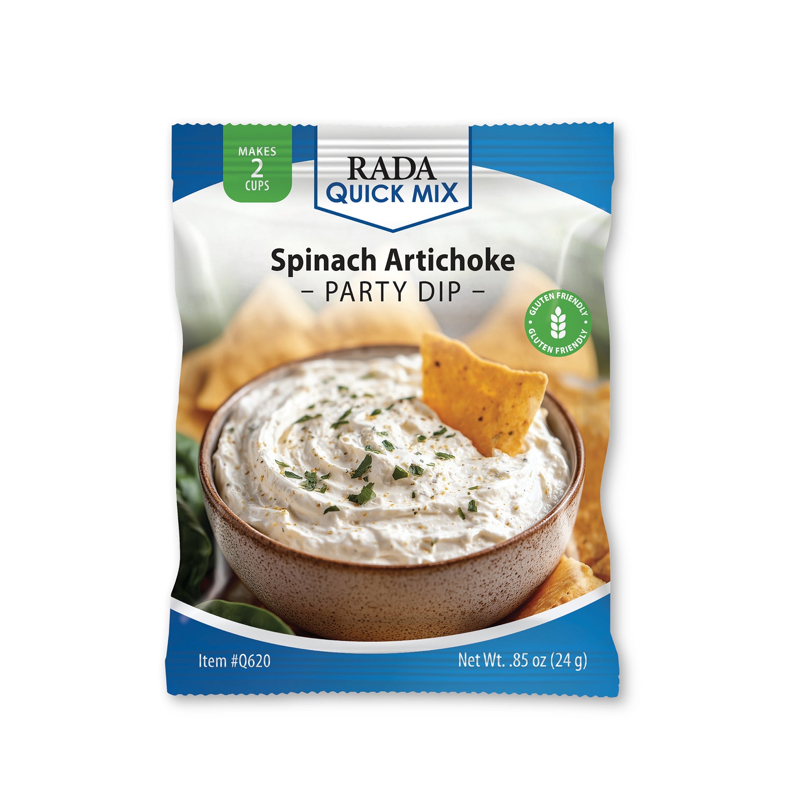 A package of Rada Quick Mix Spinach Artichoke Party Dip, featuring a blue and white bag with a photo of the creamy dip in a bowl with tortilla chips.