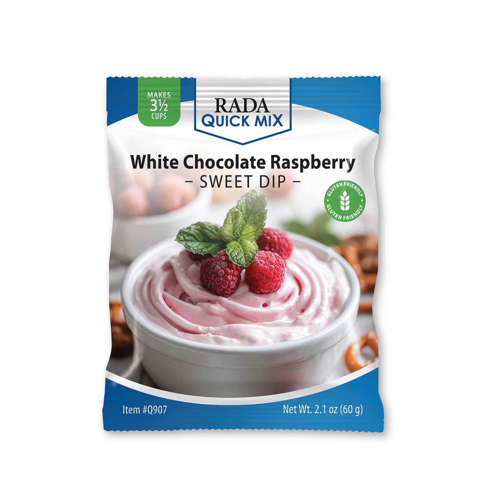 Rada Quick Mix White Chocolate Raspberry Sweet Dip mix in a blue and white packet, featuring raspberry dip topped with fresh raspberries and mint.