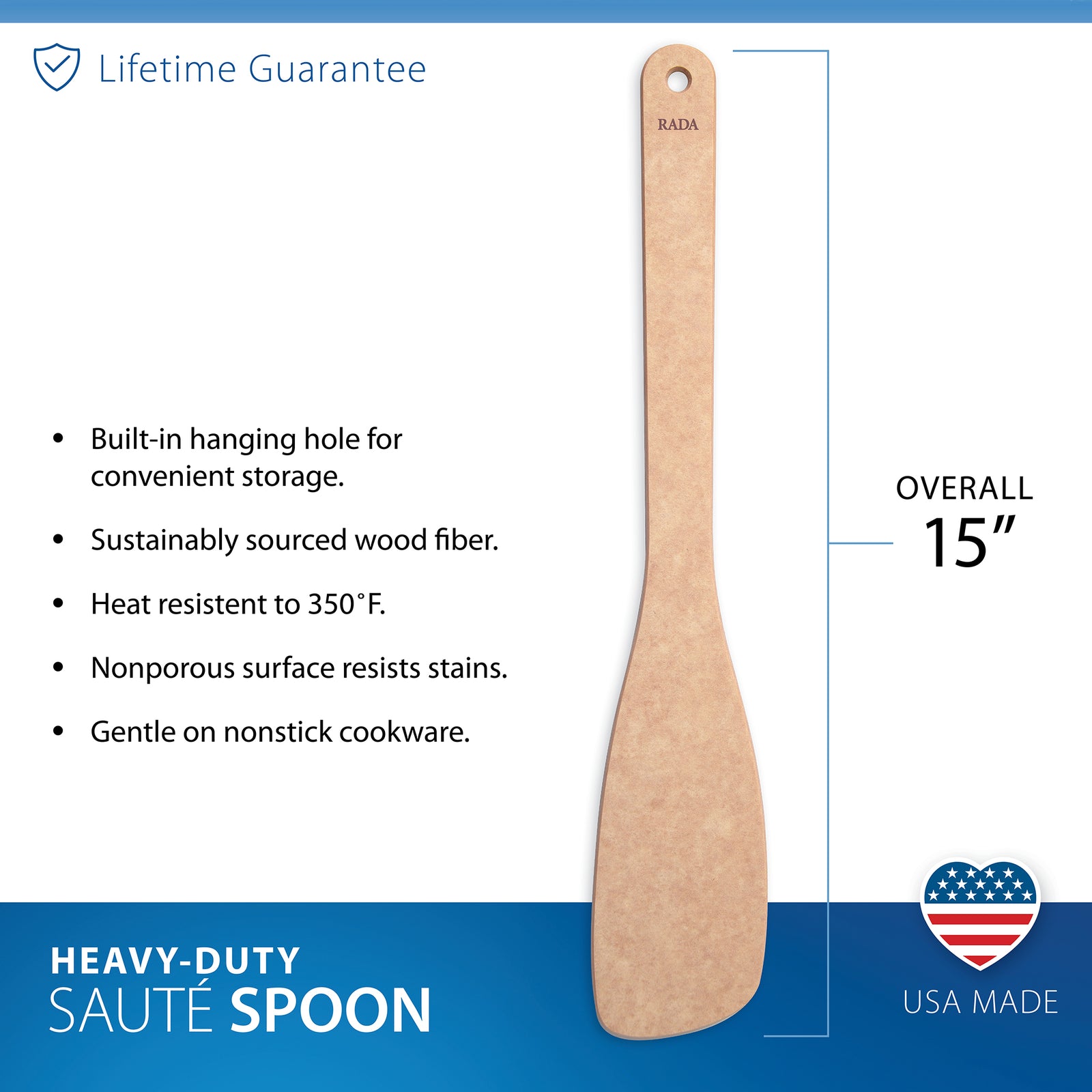 Rada Heavy Duty Sauté Spoon in its original retail packaging, featuring a natural wood spoon handle and a blue and white product label.