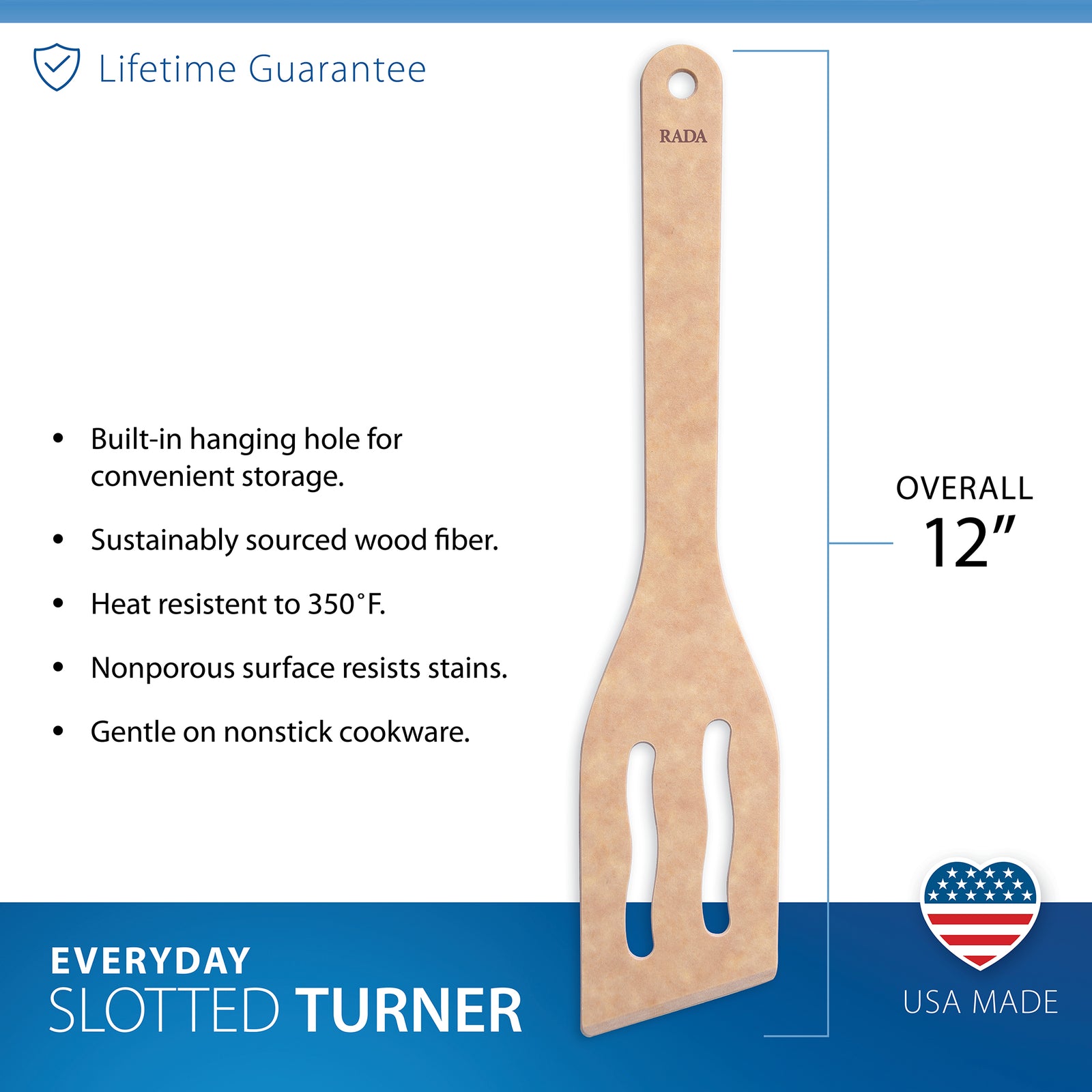 Rada Everyday Slotted Turner wooden spatula on its retail packaging card, shown against a plain white background.