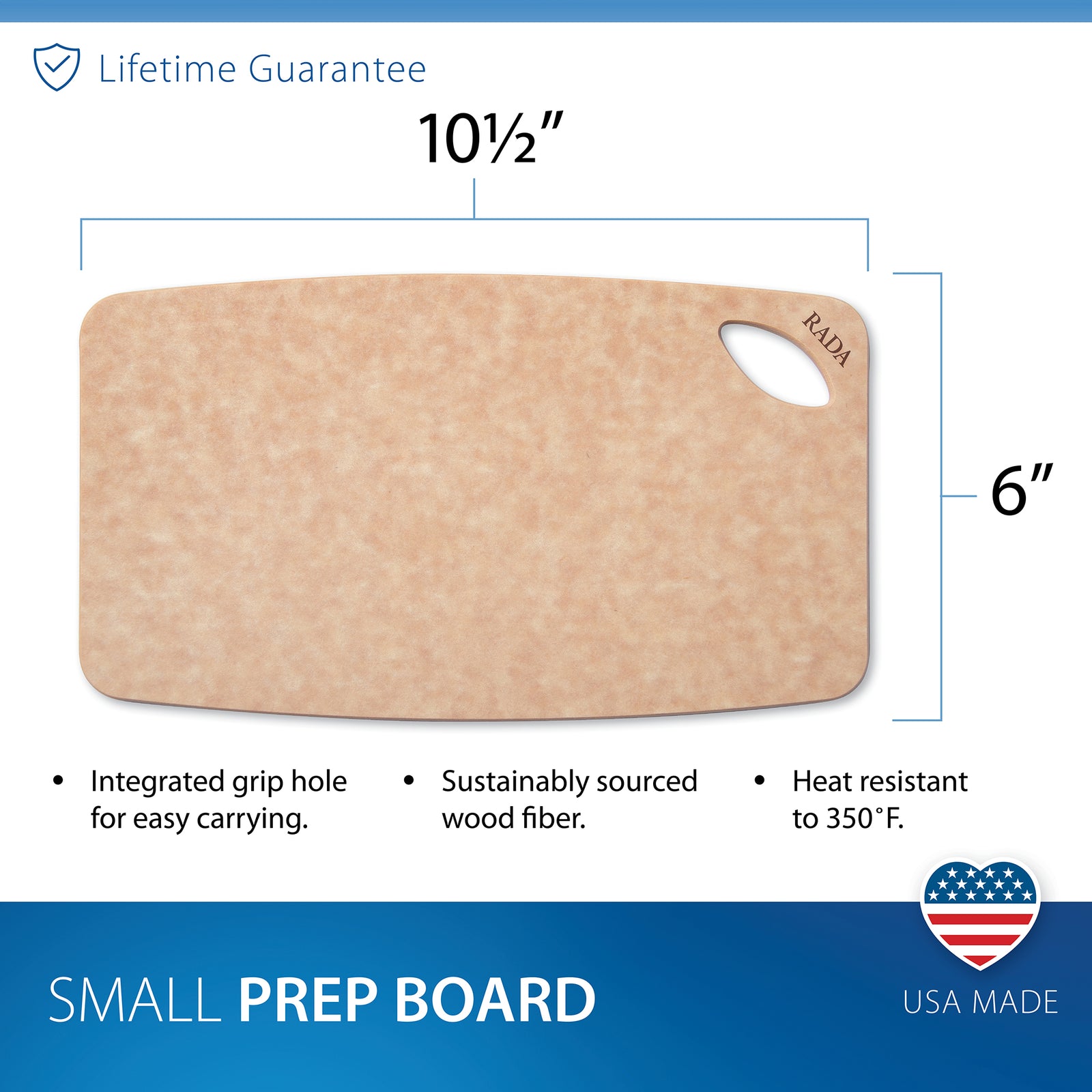 Rada Small Prep Board in a light wood color, shown with its retail packaging label on a plain white background.