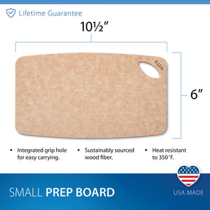 Rada's Small Prep Board shown on a white background with 10-1/2 inch by 6 inch dimensions, plus text features highlighting the cut out, sustainably sourced wood fiber, heat resistance to 350°F, and USA Made.