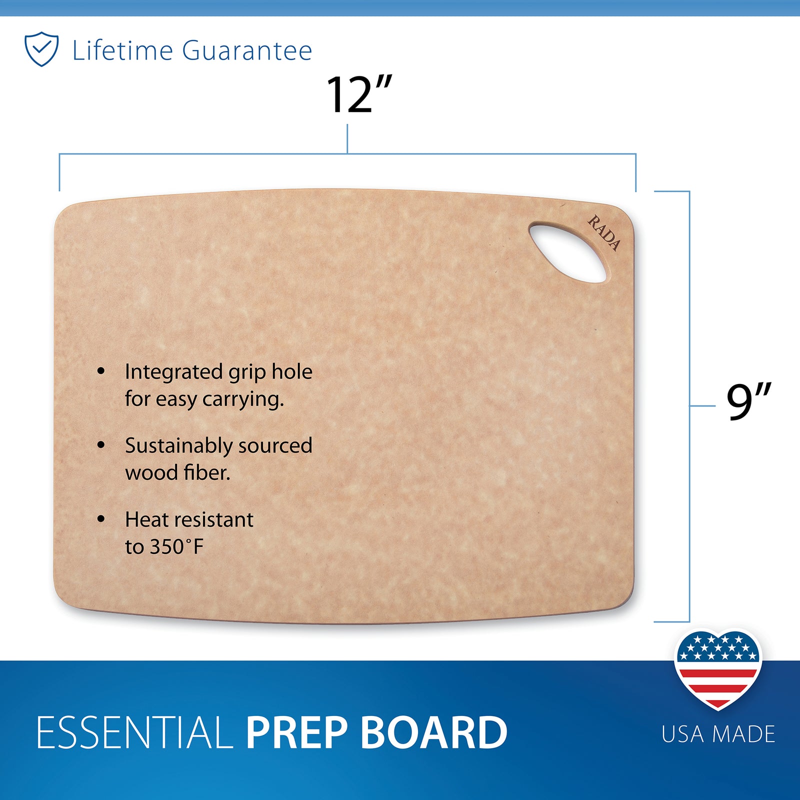 Rada's Essential Prep Cutting Board with a light tan finish, featuring a built-in handle on the top left and a central product label on a white background.