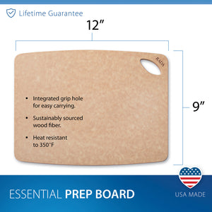 The 12 by 9-inch Essential Prep Board contains a built-in handle cutout, shown on a white background with blue informational banners. The board is light natural wood, and the text lists features like an integrated grip hole, sustainably sourced wood fiber, heat resistance up to 350°F, and USA made.