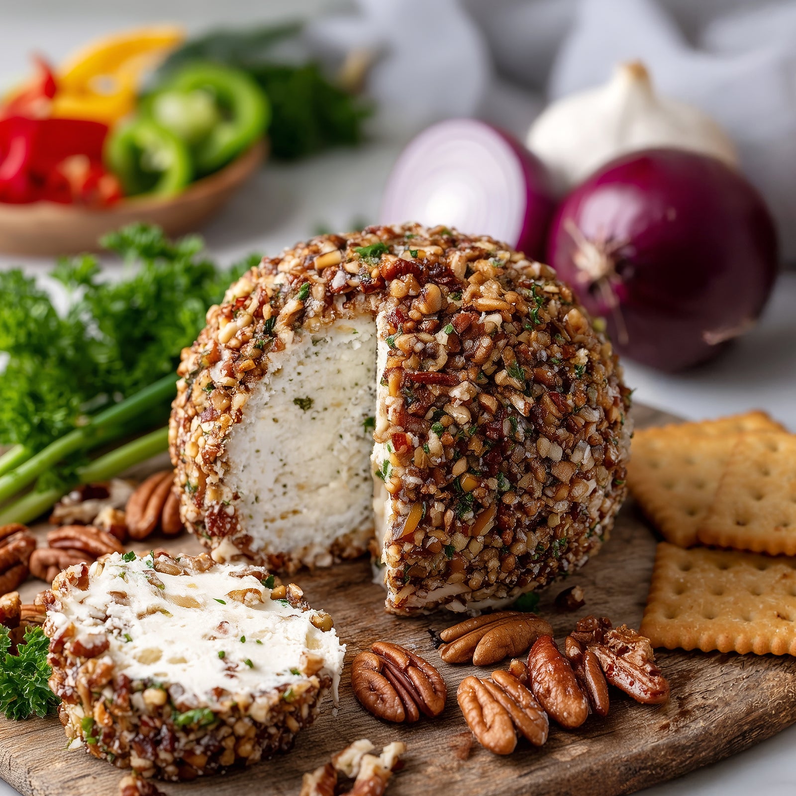 A package of Rada Quick Mix Garden Vegetable Cheeseball, featuring a photo of a baked cheeseball coated in breadcrumbs and herbs on the front, with blue and white packaging.