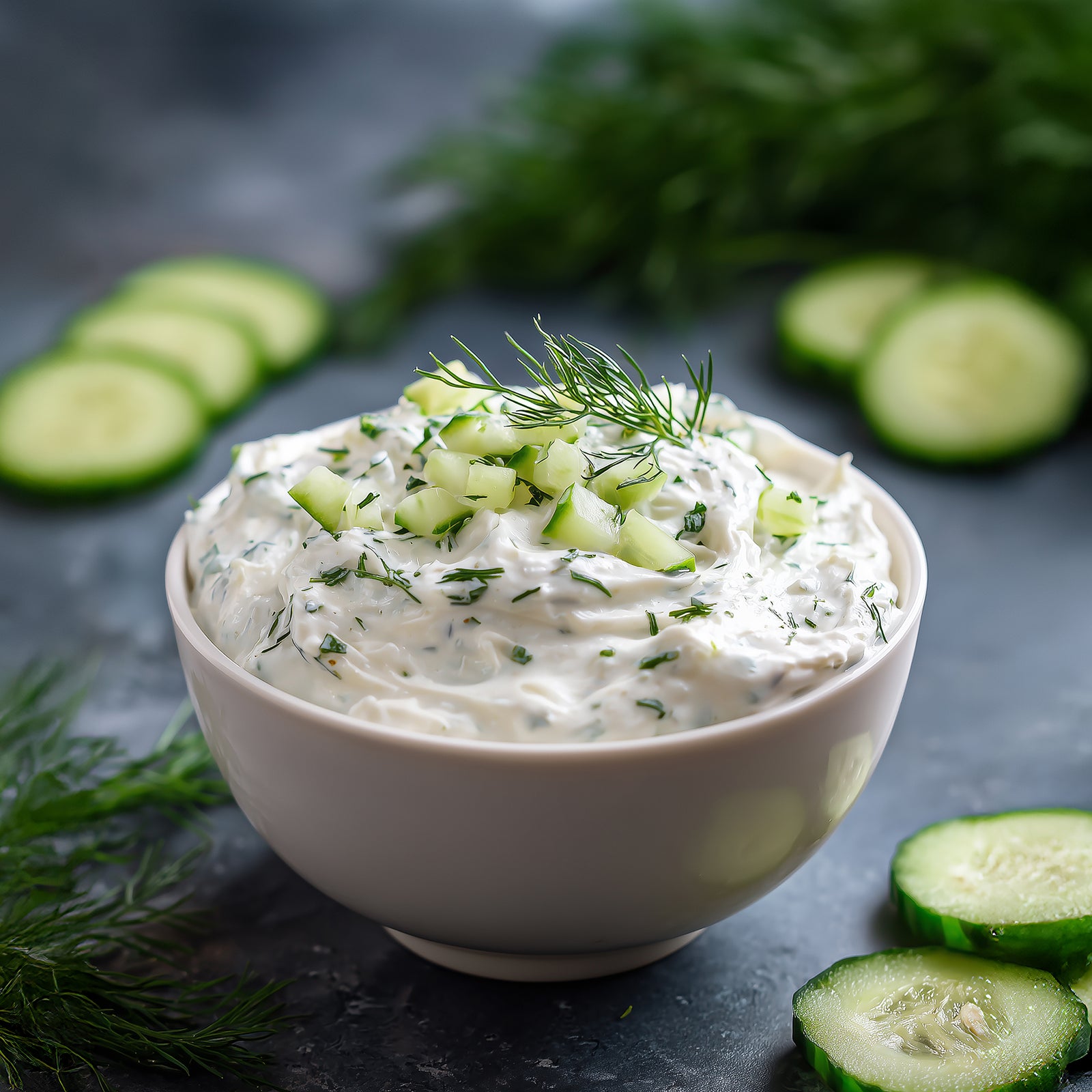 A single packet of Rada Quick Mix Cucumber Dill Party Dip on a plain white background. The packaging is blue, white, and green, featuring a photo of the prepared dip in a bowl.