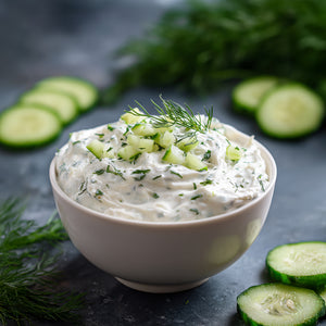 Cucumber Onion Dill Party Dip garnished with chopped cucumber and fresh dill, served in a white bowl on a dark surface.