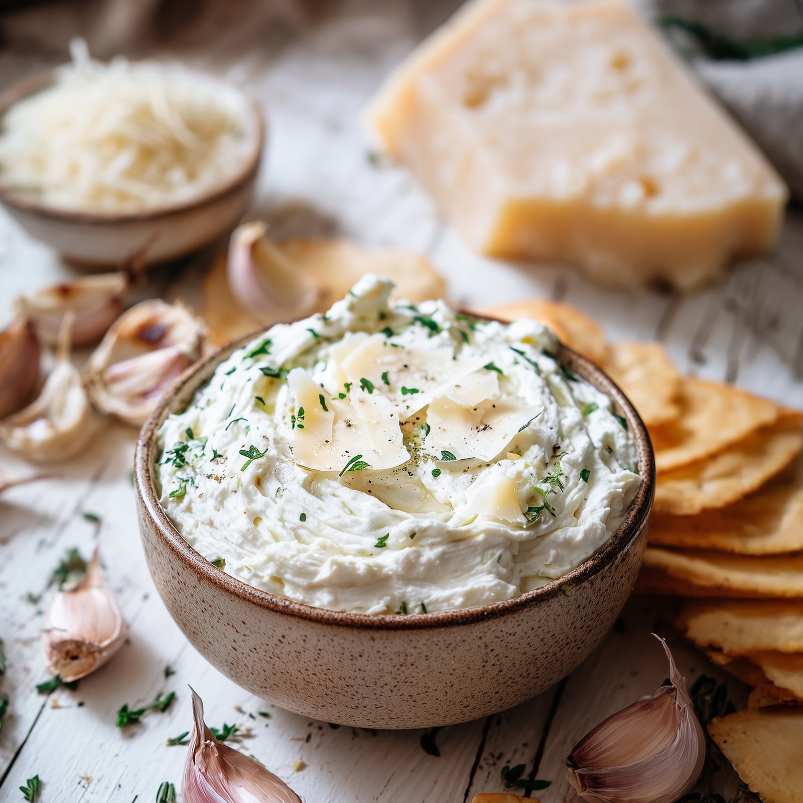 Rada Quick Mix Roasted Garlic & Parmesan Party Dip packet featuring prepared creamy dip in a bowl on the front.