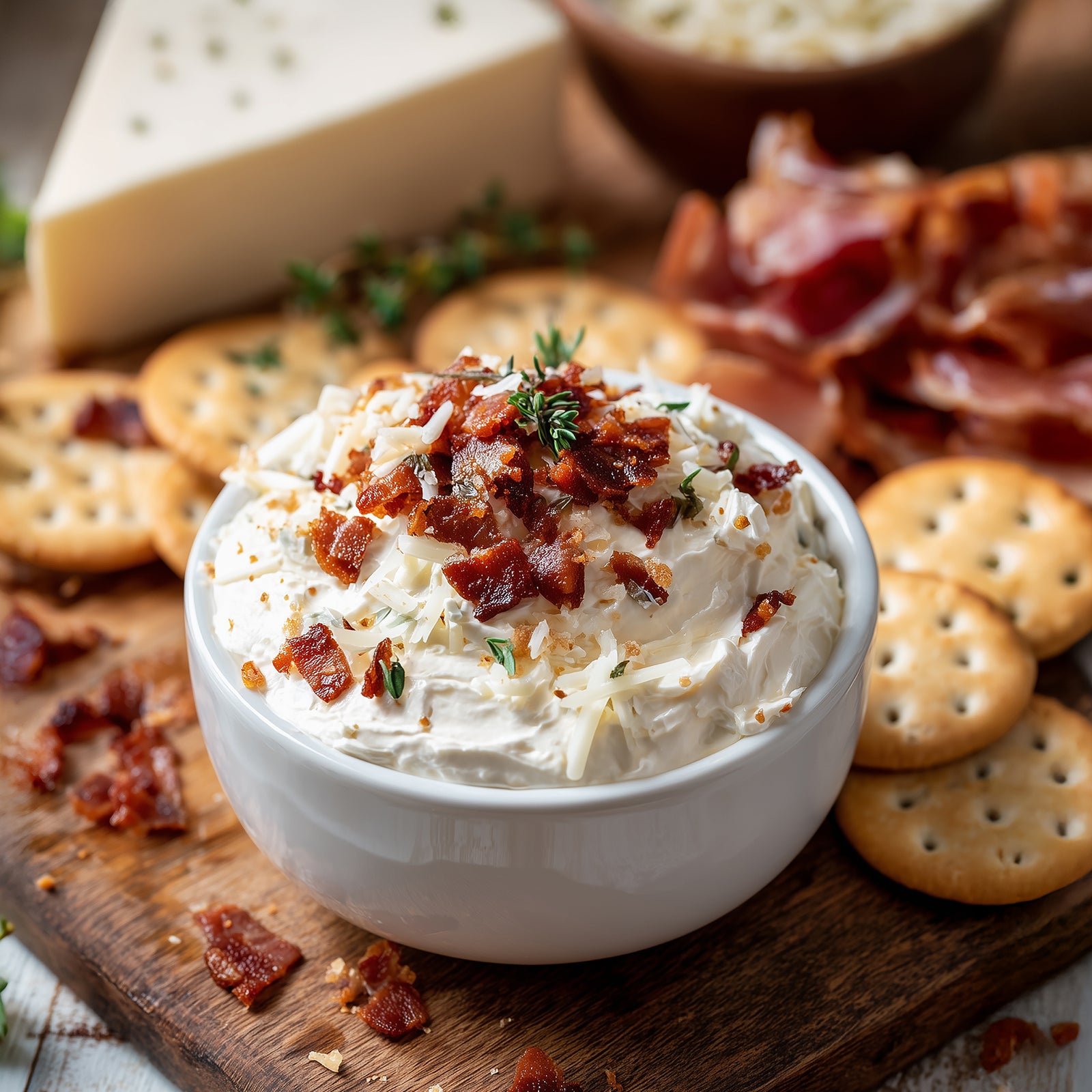 A package of Rada Quick Mix Hot Honey Bacon Party Dip, featuring a white and blue bag with a photo of the creamy dip topped with bacon and cheese.