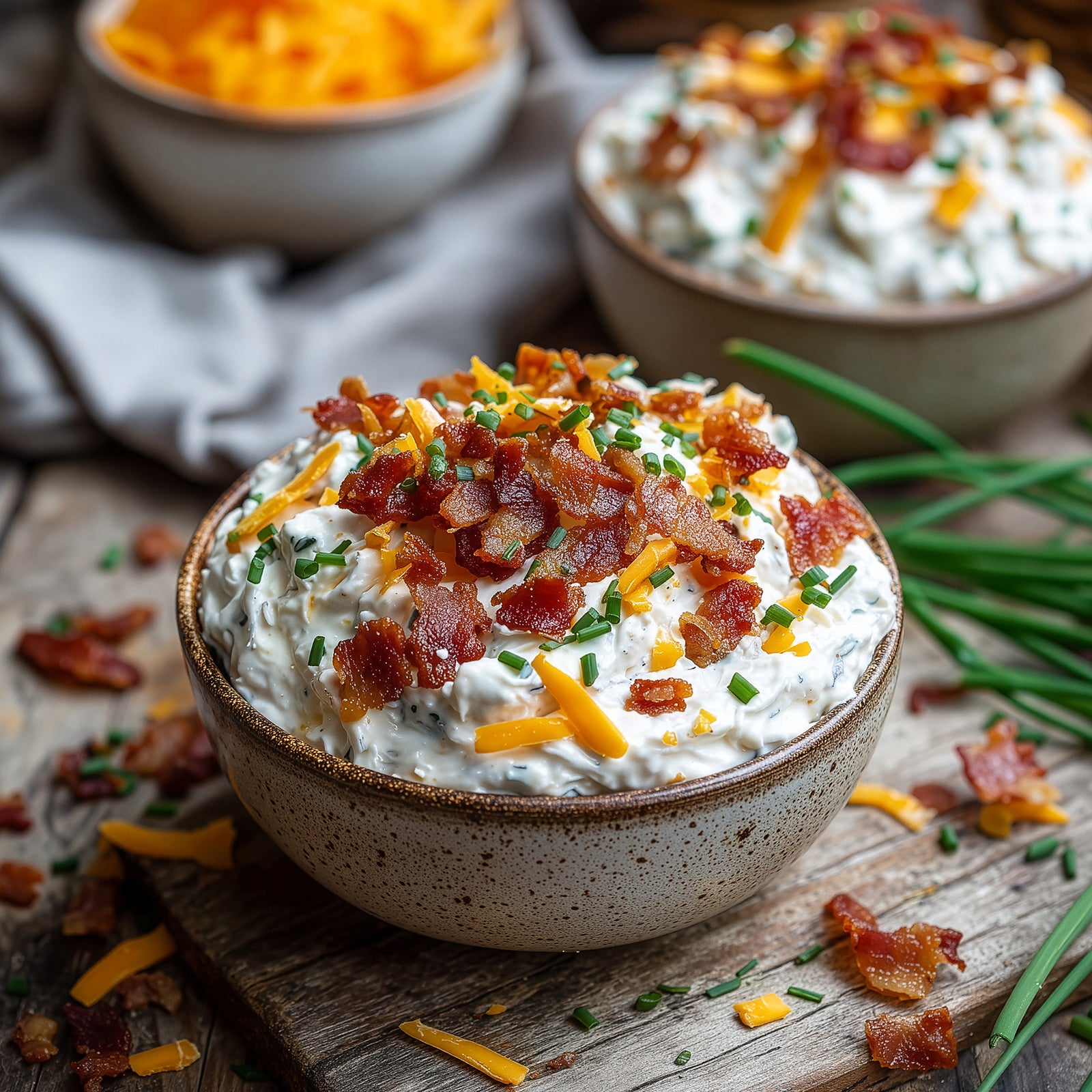 Rada Quick Mix Garlic & Bacon Ranch Party Dip packaging featuring a bowl of creamy ranch dip topped with bacon and cheese.