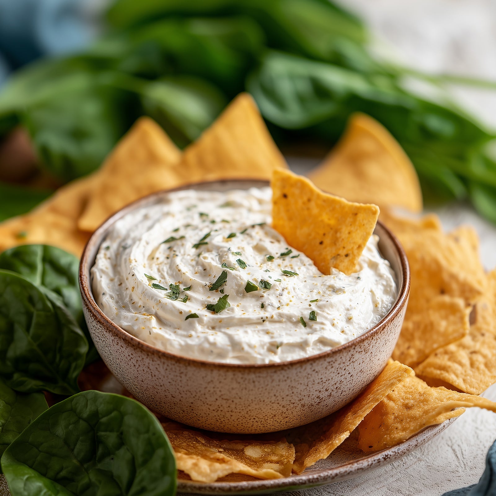 A package of Rada Quick Mix Spinach Artichoke Party Dip, featuring a blue and white bag with a photo of the creamy dip in a bowl with tortilla chips.