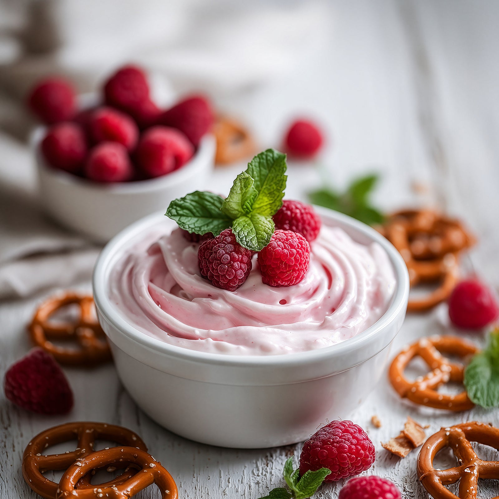 Rada Quick Mix White Chocolate Raspberry Sweet Dip mix in a blue and white packet, featuring raspberry dip topped with fresh raspberries and mint.