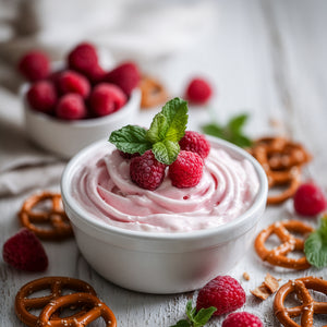 White Chocolate Raspberry Sweet Dip topped with fresh raspberries and mint, served in a white bowl with pretzels and additional raspberries nearby.