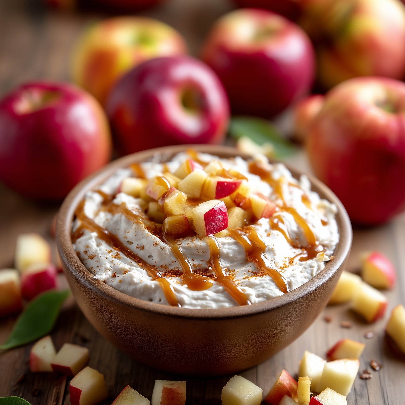 A package of Rada Quick Mix Apple Pie Sweet Dip, featuring a white and blue bag with a photo of the dip served in a bowl with apple pieces and caramel drizzle.