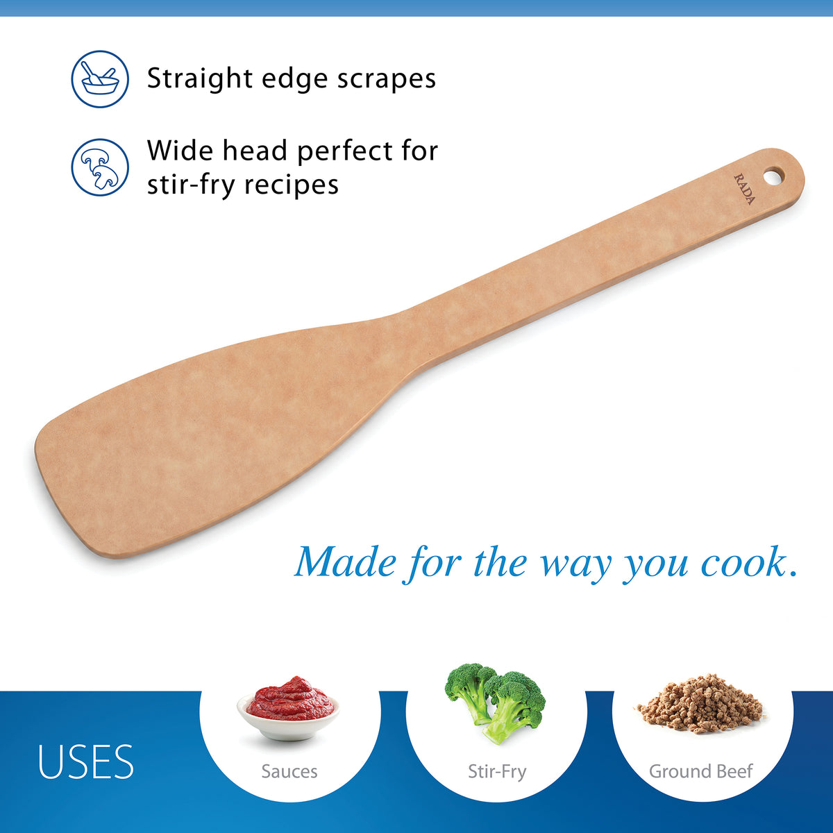 Rada's Heavy-Duty Saute Spoon on a white background with callouts highlighting its straig scraping edge and wide head for stir-fry recipes. Icons showing uses for sauces, stir-fries, and ground beef.