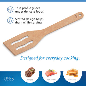 Rada's wooden Everyday Slotted Turner spatula shown on a white background with blue text and icons describing its features, including 'Thin profile glides under delicate foods' and 'Designed for everyday cooking. Three food-use circles at the bottom show burgers, fish fillets, and pancakes.