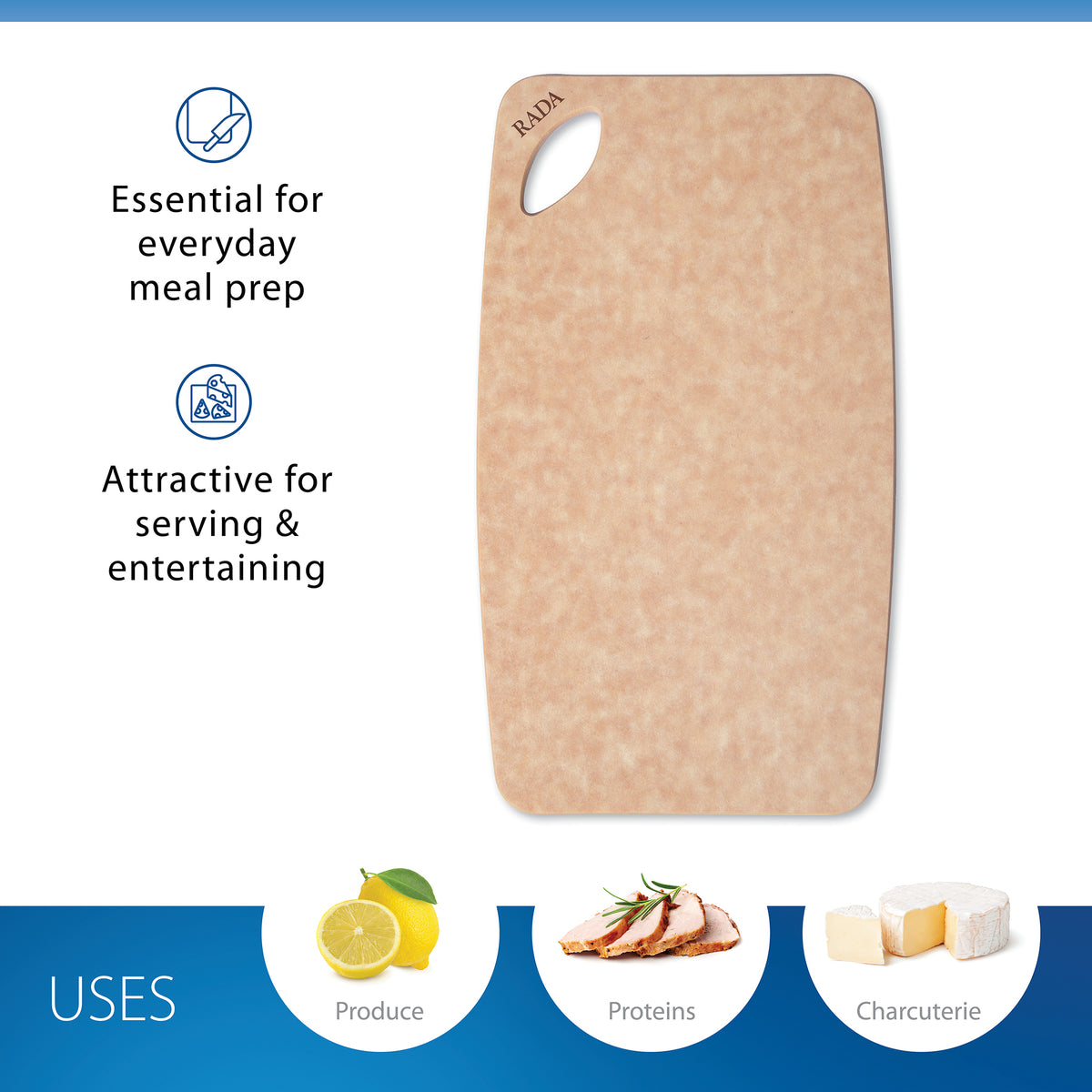 Rada's Small Prep Board with rounded corners shown on a white background with text on the left saying 'Essential for everyday meal prep' and 'Attractive for serving and entertaining.' Icons at the bottom show uses for produce, proteins, and charcuterie.